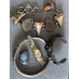 SILVER JEWELLERY TO INCLUDE A SIAM SILVER CUFF BANGLE, A VINTAGE ARM BANGLE,A CABOCHON RING AND