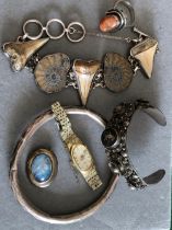 SILVER JEWELLERY TO INCLUDE A SIAM SILVER CUFF BANGLE, A VINTAGE ARM BANGLE,A CABOCHON RING AND
