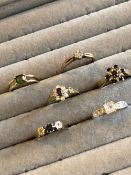 SIX 9ct GOLD HALLMARKED STONE SET DRESS RINGS TO INCLUDE TWO DIAMOND SET EXAMPLES. FINGER SIZE H-