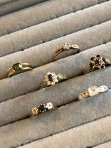 SIX 9ct GOLD HALLMARKED STONE SET DRESS RINGS TO INCLUDE TWO DIAMOND SET EXAMPLES. FINGER SIZE H-