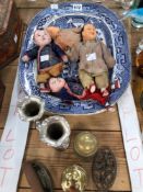 FOUR CHINESE DOLLS, A BLUE AND WHITE PLATTER, BRASS DOOR HANDLES, A PAIR OF ELECTROPLATE SPECIMEN