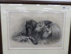 A CHARCOAL STUDY OF PONIES AND PIDGEONS, UNSIGNED. 36 x 54cms TOGETHER WITH A PASTEL PORTRAIT OF A