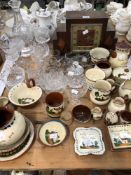 A COLLECTION OF TORQUAY SLIP DECORATED WARES, DRINKING GLASS, AN ART DECO CLOCK, ETC.