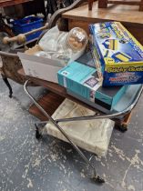 A RETRO TEA TROLLEY, DECANTERS A DIGITAL PICTURE FRAME ETC.