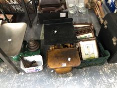 TWO SETS OF KITCHEN SCALES TOGETHER WITH SOME WEIGHTS AND FRAMED PICTURES