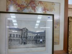 THREE FRAMED PRINTS OF ST JOHN'S COLLEGE TOGETHER WITH A WATERCOLOUR OF A HAYMAKING SCENE