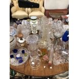 GLASSWARE: TO INCLUDE DECANTERS, VASES, BOWLS, CHEESE BELLS AND PAPERWEIGHTS