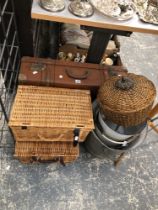 TWO PICNIC BASKETS, A SUITCASE TOGETHER WITH ENAMELLED AND A GALVANISED BUCKET