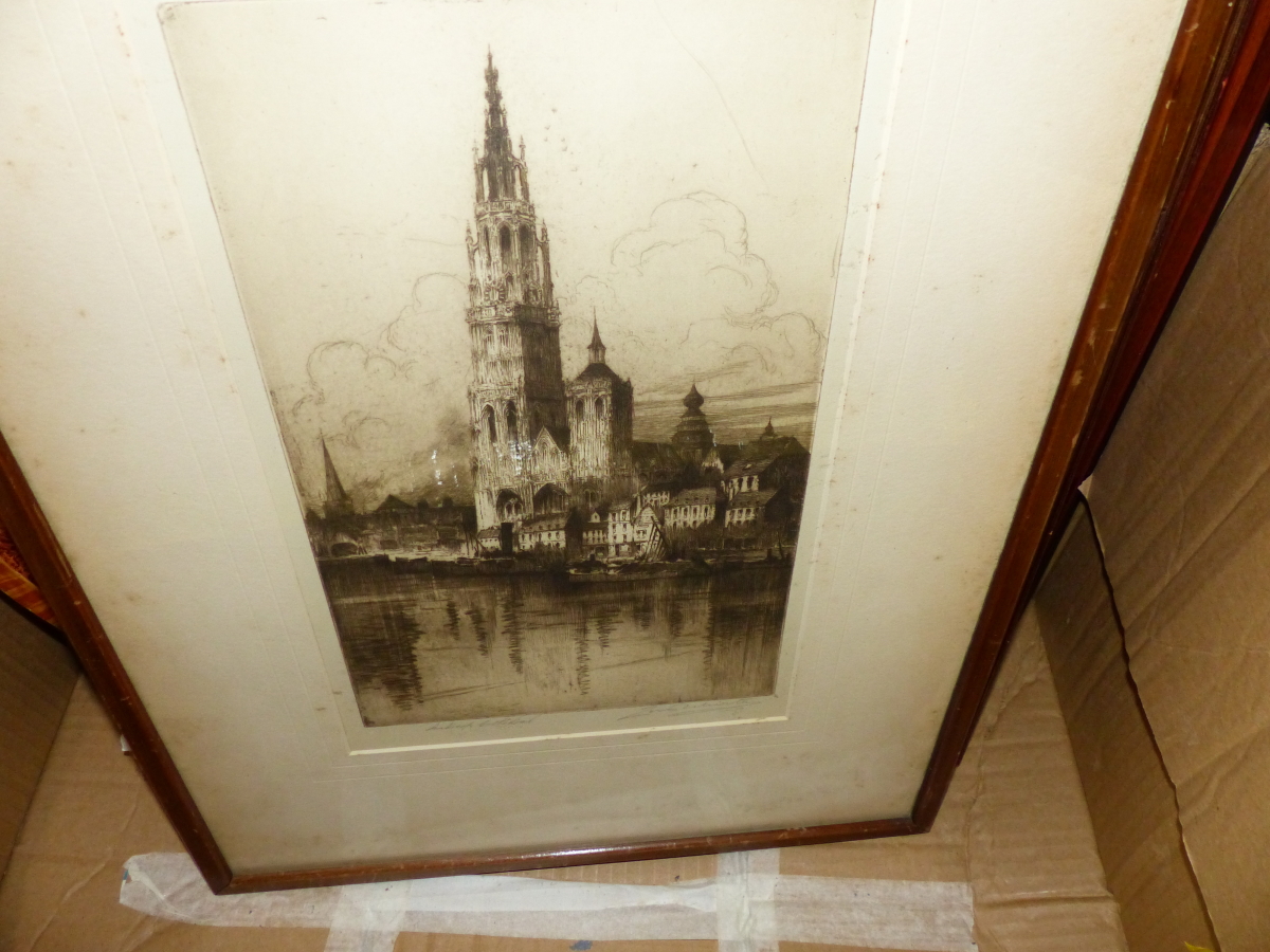 ETCHING OF ANTWERP CATHEDRAL INDISTINCTLY SIGNED TOGETHER WITH VARIOUS SIGNED AND UNSIGNED PRINTS ( - Image 2 of 8