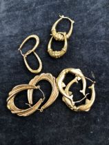 FOUR PAIRS OF 9ct GOLD CREOLE EARRINGS. TWO PAIRS WITH HALLMARKS, TWO PAIRS UNMARKED. GROSS WEIGHT