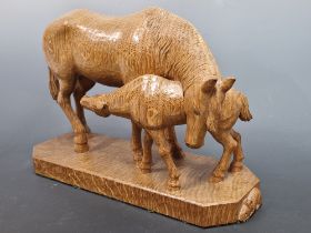 ROBERT THOMPSON WORKSHOPS, A MOUSEMAN CARVED OAK MARE AND FOAL FIGURE WITH MOUSE SIGNATURE TO PLINTH