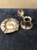 A HALLMARKED SILVER BELL FORM INKWELL AND AN ASH TRAY GROSS WEIGHT 246 gms (LOADED)