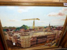 PAUL MOORE 20thC OIL ON BOARD A CONSTRUCTION SITE 39cm x 49cm TOGETHER WITH A PICTURE OF DANCING