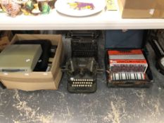 A CASED LUDWIG ACCORDION, TWO VINTAGE TYPE WRITERS TOGETHER WITH OTHERS LATER