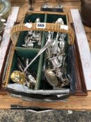 A BASKET WORK TRAY OF ELECTROPLATE CUTLERY, TWO GOBLETS, A PRINT, ETC