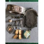 A SILVER CHAIN MAIL PURSE, HINGED BANGLE, 9ct GOLD CUFFLINKS, SILVER FOB PENDANT, BROOCH AND CAMEO