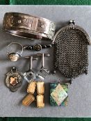 A SILVER CHAIN MAIL PURSE, HINGED BANGLE, 9ct GOLD CUFFLINKS, SILVER FOB PENDANT, BROOCH AND CAMEO