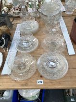 A SET OF ANTIQUE CUT AND ETCHED GLASSBOWLS AND PLATES, A SIMILAR PAIR OF VASES AND TWO FURTHER FRUIT