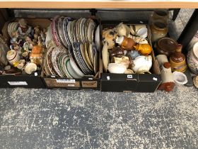 PLATES, JUGS AND BOWLS TOGETHER WITH A WADE BELLS WHISKY BOTTLE, A PLANTER AND SOME FIGURES