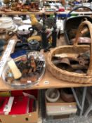 A COLLECTION OF VINTAGE COPPERAND BRASSWARES, THREE IRON DOORSTOPS, FIRE DOGS, A SILVER PLATED TRAY,