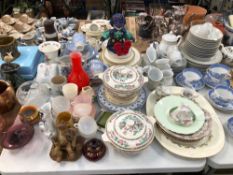DOULTON, SCHILLER AND OTHER TEA WARES, WEDGWOOD AND OTHER PLATES TOGETHER WITH MISCELLANEOUS