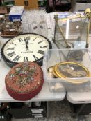 A GLAZED BRASS CEILING LANTERN, A WALL CLOCK, A BEAD WORK FOOTSTOOL, PRINTS AND PULLEYS FOR