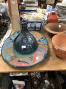 STUDIO POTTERY BOWLS, VASES AND A PLATTER TOGETHER WITH A GLASS CARAFE AND CHINESE PLANTER