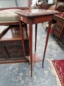 AN EDWARDIAN PLANT STAND AND A SMALL INLAID BUREAU.