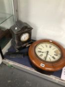 A SETH THOMAS MAHOGANY WALL CLOCK WITH STRIKE AND TOGETHER WITH A BLACK SLATE CASED MANTEL