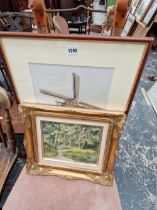 JUNE MOFFATT, ARR. A WOODLAND LANE, OIL ON CANVAS TOGETHER WITH A WOOL WORK PICTURE OF A WINDMILL