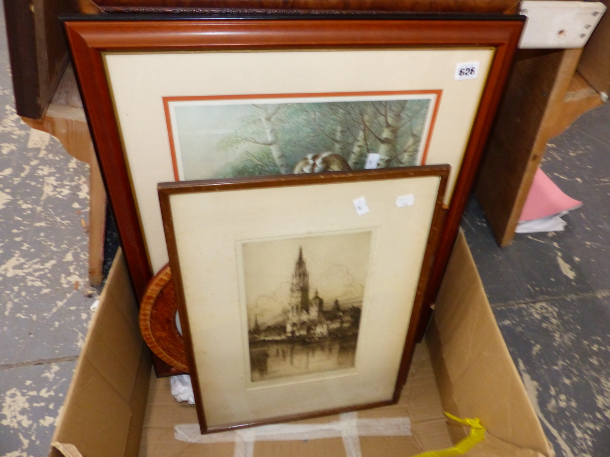 ETCHING OF ANTWERP CATHEDRAL INDISTINCTLY SIGNED TOGETHER WITH VARIOUS SIGNED AND UNSIGNED PRINTS (