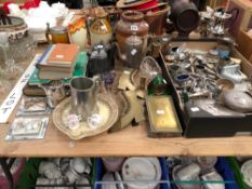 SILVER MOUNTED DRESSING TABLE ITEMS, ELECTROPLATE, STONEWARE, BOHEMIAN AND OTHER GLASS TOGETHER WITH