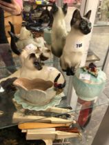 A DOULTON, A WINSTANLEY AND ANOTHER SIAMESE CAT TOGETHER WITH SHORTER POTTERY WARES