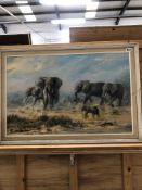 JOHN HEWITT 20th CENTURY OIL ON BOARD OF ELEPHANTS TOGETHER WITH TWO OIL ON BOARD SEA SCAPES