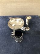A HALAMRKED SILVER HAMMMERED BOWL, A BUD VASE AND A MUSTARD. 385 gms.