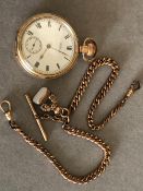 A 14ct GOLD PLATED WALTHAM OPEN FACE POCKET WATCH WITH A WATCH ALBERT, T-BAR, AND FOB SEAL.