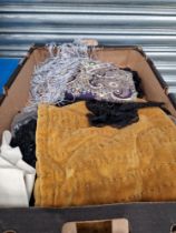 A BOX OF VARIOUS TEXTILES, SHAWLS ETC.