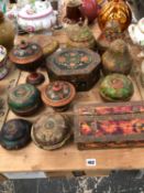 A GROUP OF VARIOUS INDIAN DECORATED LIDDED BOXES ETC.