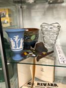 A DOULTON PLANTER, A BLUE JASPER VASE, A LENOX GLASS VASE AND A BELL ON A COCKEREL WALL BRACKET