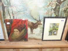 A LOOSE OIL ON CANVAS OF A STAG IN A WINTER SETTING. TOGETHER WITH ANOTHER UNFRAMED OIL ON CANVAS OF