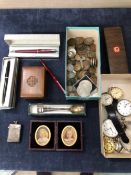 VARIOUS POCKET WATCHES, PENS, COINS, A PAIR OF MINIATURE PAINTINGS ETC.