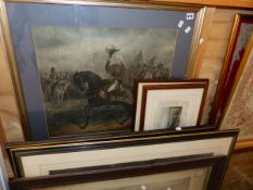 A FRAMED PRINT OF THE DUKE OF WELLINGTON SALUTING ON A HORSE 49cm X 55cm TOGETHER WITH SIX OTHER