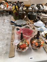 A PAIR OF CROWN DERBY VASES, ANNART GLASS BOWL, WEDGEWOOD JASPER SALAD BOWL AND SERVERS ETC.