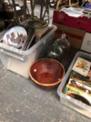 A QUANTITY OF COLLECTORS PLATES, A BOX OF BOOKS, TWO DEMI JOHNS ETC.