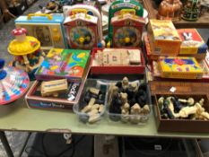 BOARD GAMES, CHESS SETS, TOY CLOCKS AND FISHER PRICE TOYS TOGETHER WITH A TONBRIDGE WARE BEZIQUE