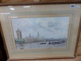 WATERCOLOUR THE THAMES AND THE HOUSES OF PARLIAMENT UNSIGNED 28cm x 44cm