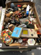 MINIATURE BOTTLES, TIN BOXES, DIE CAST TOYS, BELLS, CASTANETS, ETC.