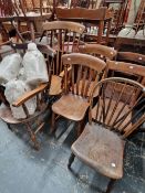 TWO VICTORIAN SPINDAL BACK KITCHEN ARM CHAIRS, A PAIR OF SLAT BACK CHAIRS, TWO OXFORD CHAIRS AND ONE