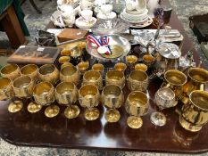 BRASS GOBLETS AND MUGS TOGETHER WITH ELECTROPLATE TEA WARES, TUNBRIDGE WARE BOX, ETC.