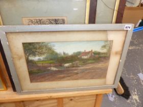 A 19thC WATERCOLOUR OF CATTLE IN FRONT OF A FARM UNSIGNED TOGETHER WITH TWO PRINTS OF RURAL